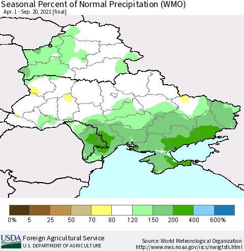 Ukraine, Moldova and Belarus Seasonal Percent of Normal Precipitation (WMO) Thematic Map For 4/1/2021 - 9/20/2021