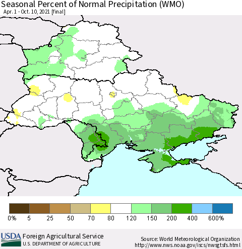 Ukraine, Moldova and Belarus Seasonal Percent of Normal Precipitation (WMO) Thematic Map For 4/1/2021 - 10/10/2021