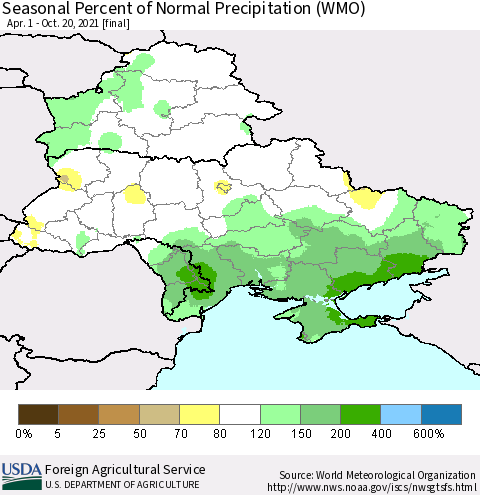 Ukraine, Moldova and Belarus Seasonal Percent of Normal Precipitation (WMO) Thematic Map For 4/1/2021 - 10/20/2021