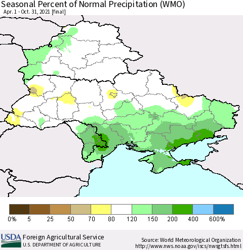Ukraine, Moldova and Belarus Seasonal Percent of Normal Precipitation (WMO) Thematic Map For 4/1/2021 - 10/31/2021