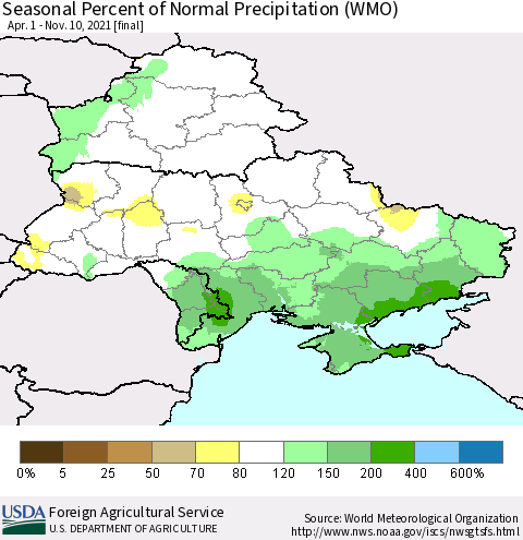 Ukraine, Moldova and Belarus Seasonal Percent of Normal Precipitation (WMO) Thematic Map For 4/1/2021 - 11/10/2021