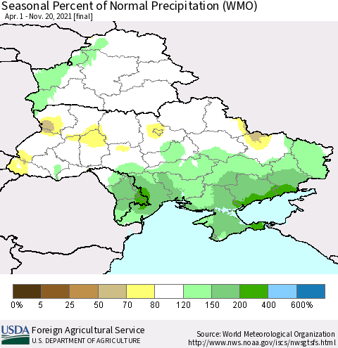 Ukraine, Moldova and Belarus Seasonal Percent of Normal Precipitation (WMO) Thematic Map For 4/1/2021 - 11/20/2021