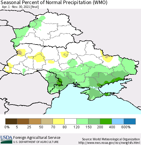Ukraine, Moldova and Belarus Seasonal Percent of Normal Precipitation (WMO) Thematic Map For 4/1/2021 - 11/30/2021