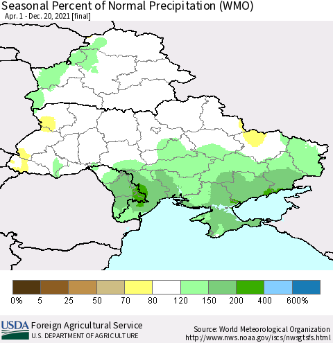 Ukraine, Moldova and Belarus Seasonal Percent of Normal Precipitation (WMO) Thematic Map For 4/1/2021 - 12/20/2021