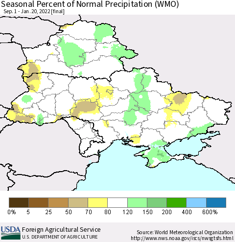 Ukraine, Moldova and Belarus Seasonal Percent of Normal Precipitation (WMO) Thematic Map For 9/1/2021 - 1/20/2022