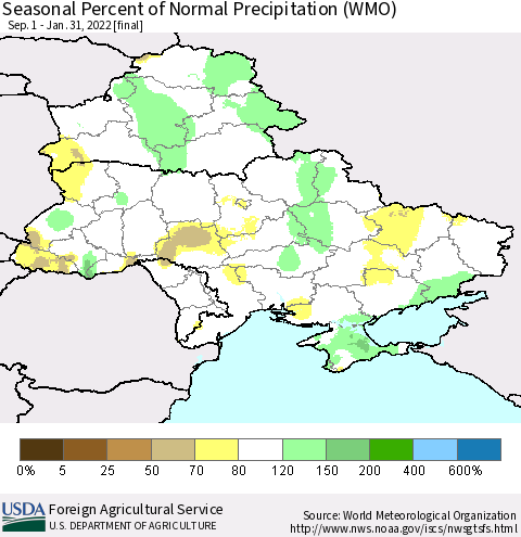 Ukraine, Moldova and Belarus Seasonal Percent of Normal Precipitation (WMO) Thematic Map For 9/1/2021 - 1/31/2022