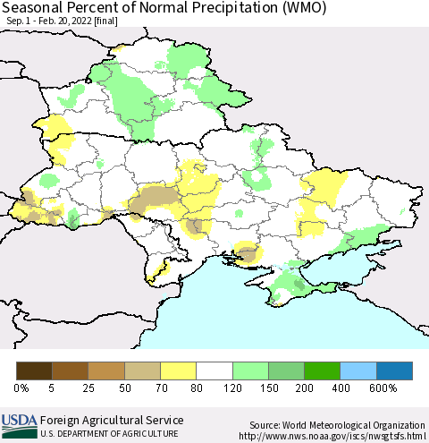 Ukraine, Moldova and Belarus Seasonal Percent of Normal Precipitation (WMO) Thematic Map For 9/1/2021 - 2/20/2022