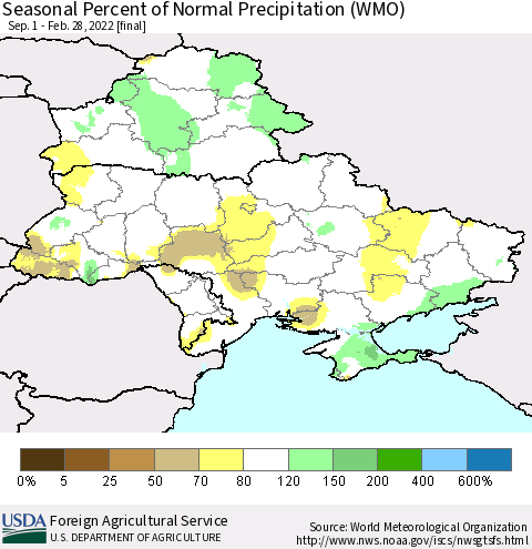 Ukraine, Moldova and Belarus Seasonal Percent of Normal Precipitation (WMO) Thematic Map For 9/1/2021 - 2/28/2022