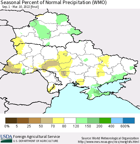 Ukraine, Moldova and Belarus Seasonal Percent of Normal Precipitation (WMO) Thematic Map For 9/1/2021 - 3/10/2022