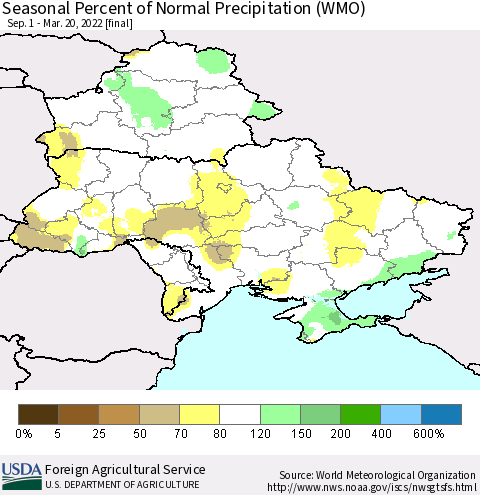 Ukraine, Moldova and Belarus Seasonal Percent of Normal Precipitation (WMO) Thematic Map For 9/1/2021 - 3/20/2022