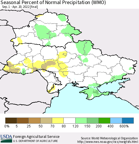 Ukraine, Moldova and Belarus Seasonal Percent of Normal Precipitation (WMO) Thematic Map For 9/1/2021 - 4/20/2022
