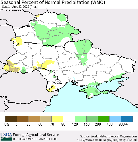 Ukraine, Moldova and Belarus Seasonal Percent of Normal Precipitation (WMO) Thematic Map For 9/1/2021 - 4/30/2022