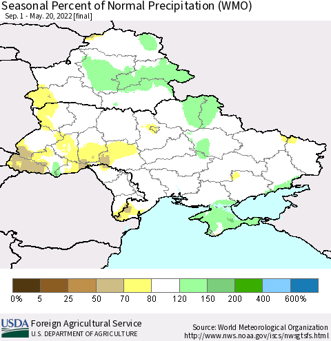 Ukraine, Moldova and Belarus Seasonal Percent of Normal Precipitation (WMO) Thematic Map For 9/1/2021 - 5/20/2022