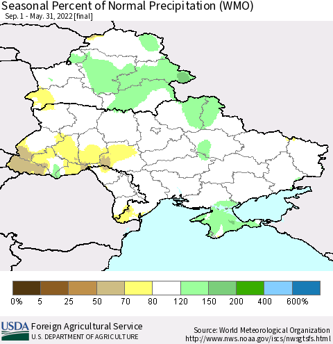Ukraine, Moldova and Belarus Seasonal Percent of Normal Precipitation (WMO) Thematic Map For 9/1/2021 - 5/31/2022