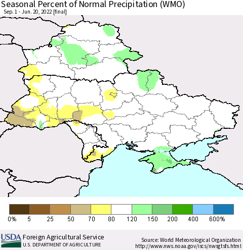 Ukraine, Moldova and Belarus Seasonal Percent of Normal Precipitation (WMO) Thematic Map For 9/1/2021 - 6/20/2022