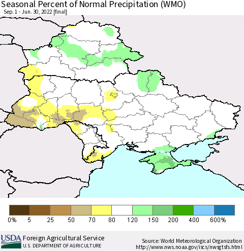 Ukraine, Moldova and Belarus Seasonal Percent of Normal Precipitation (WMO) Thematic Map For 9/1/2021 - 6/30/2022