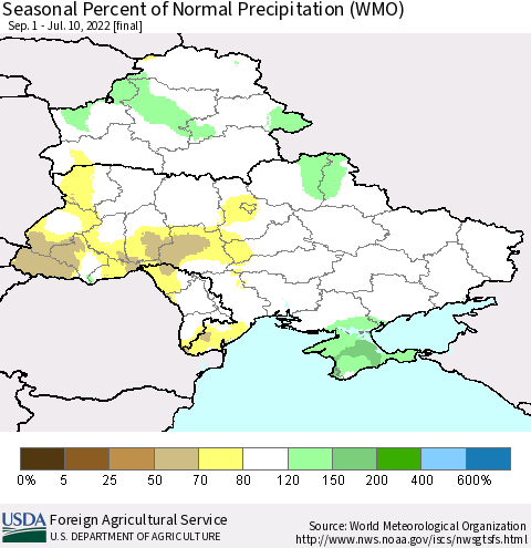Ukraine, Moldova and Belarus Seasonal Percent of Normal Precipitation (WMO) Thematic Map For 9/1/2021 - 7/10/2022