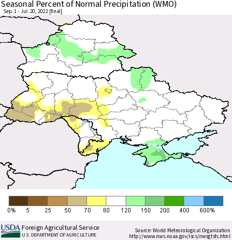 Ukraine, Moldova and Belarus Seasonal Percent of Normal Precipitation (WMO) Thematic Map For 9/1/2021 - 7/20/2022