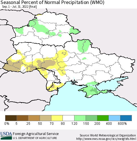 Ukraine, Moldova and Belarus Seasonal Percent of Normal Precipitation (WMO) Thematic Map For 9/1/2021 - 7/31/2022
