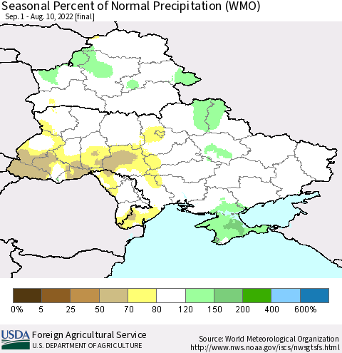 Ukraine, Moldova and Belarus Seasonal Percent of Normal Precipitation (WMO) Thematic Map For 9/1/2021 - 8/10/2022