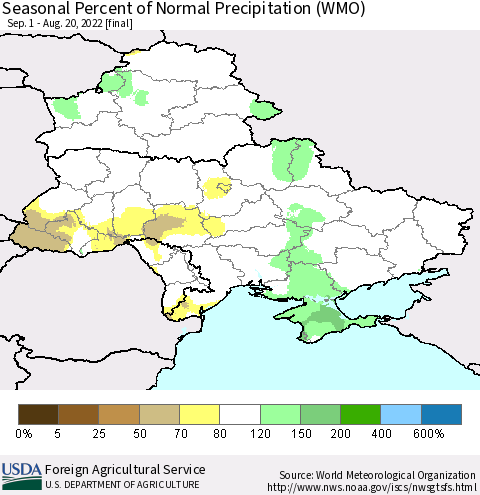 Ukraine, Moldova and Belarus Seasonal Percent of Normal Precipitation (WMO) Thematic Map For 9/1/2021 - 8/20/2022