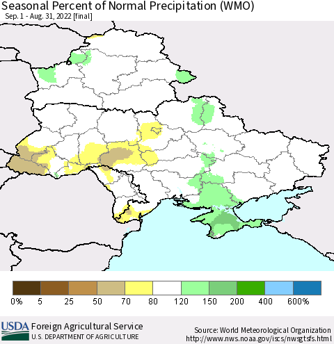 Ukraine, Moldova and Belarus Seasonal Percent of Normal Precipitation (WMO) Thematic Map For 9/1/2021 - 8/31/2022