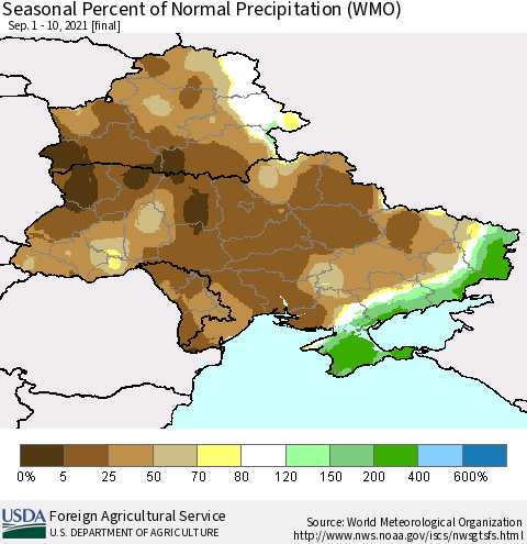 Ukraine, Moldova and Belarus Seasonal Percent of Normal Precipitation (WMO) Thematic Map For 9/1/2021 - 9/10/2021