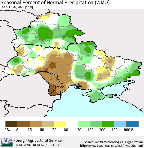 Ukraine, Moldova and Belarus Seasonal Percent of Normal Precipitation (WMO) Thematic Map For 9/1/2021 - 9/20/2021