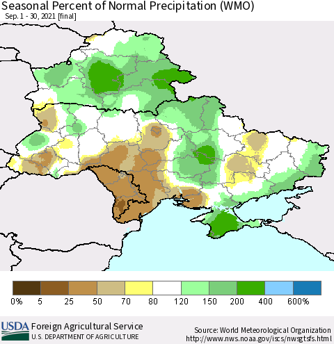 Ukraine, Moldova and Belarus Seasonal Percent of Normal Precipitation (WMO) Thematic Map For 9/1/2021 - 9/30/2021