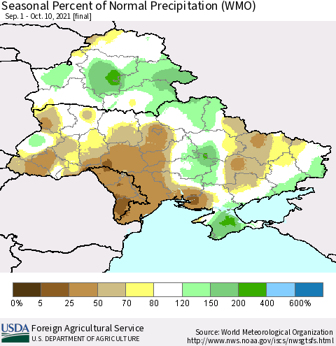 Ukraine, Moldova and Belarus Seasonal Percent of Normal Precipitation (WMO) Thematic Map For 9/1/2021 - 10/10/2021