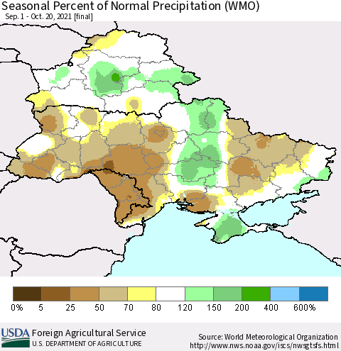 Ukraine, Moldova and Belarus Seasonal Percent of Normal Precipitation (WMO) Thematic Map For 9/1/2021 - 10/20/2021