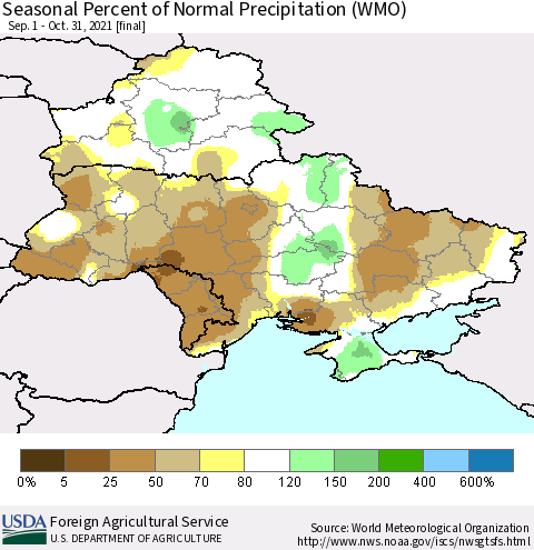 Ukraine, Moldova and Belarus Seasonal Percent of Normal Precipitation (WMO) Thematic Map For 9/1/2021 - 10/31/2021