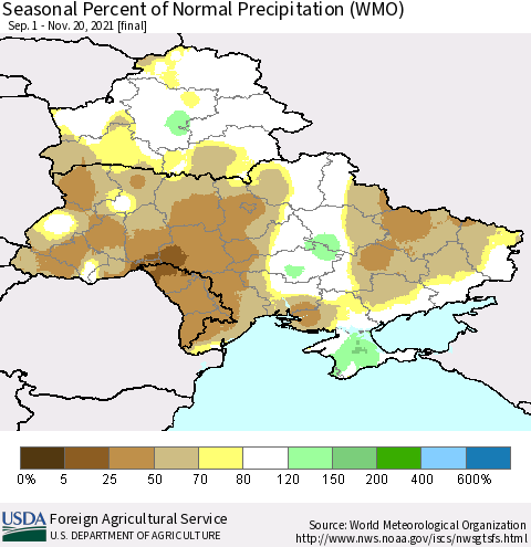 Ukraine, Moldova and Belarus Seasonal Percent of Normal Precipitation (WMO) Thematic Map For 9/1/2021 - 11/20/2021