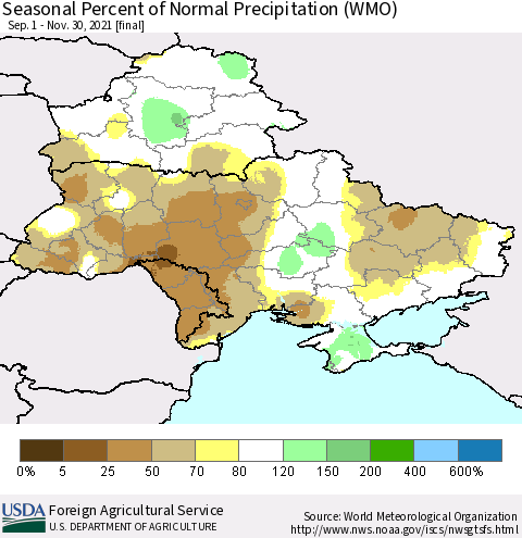 Ukraine, Moldova and Belarus Seasonal Percent of Normal Precipitation (WMO) Thematic Map For 9/1/2021 - 11/30/2021