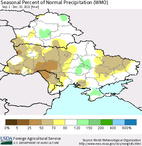 Ukraine, Moldova and Belarus Seasonal Percent of Normal Precipitation (WMO) Thematic Map For 9/1/2021 - 12/10/2021