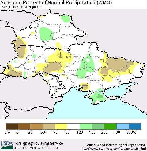 Ukraine, Moldova and Belarus Seasonal Percent of Normal Precipitation (WMO) Thematic Map For 9/1/2021 - 12/20/2021