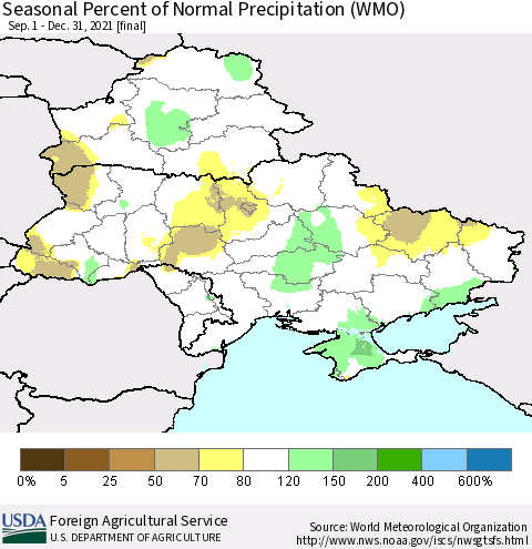 Ukraine, Moldova and Belarus Seasonal Percent of Normal Precipitation (WMO) Thematic Map For 9/1/2021 - 12/31/2021
