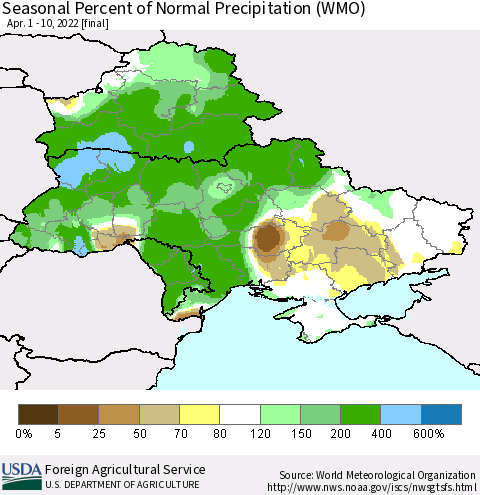 Ukraine, Moldova and Belarus Seasonal Percent of Normal Precipitation (WMO) Thematic Map For 4/1/2022 - 4/10/2022