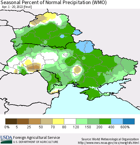 Ukraine, Moldova and Belarus Seasonal Percent of Normal Precipitation (WMO) Thematic Map For 4/1/2022 - 4/20/2022