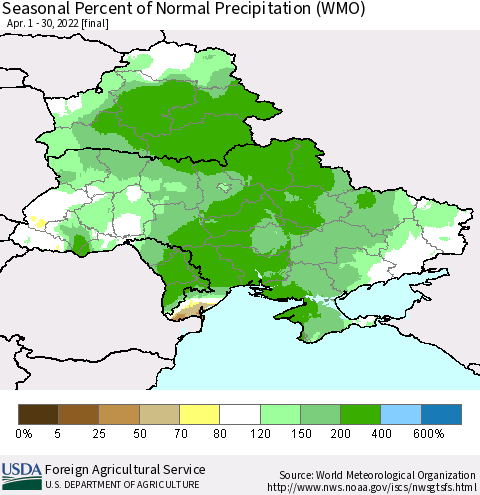 Ukraine, Moldova and Belarus Seasonal Percent of Normal Precipitation (WMO) Thematic Map For 4/1/2022 - 4/30/2022