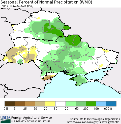 Ukraine, Moldova and Belarus Seasonal Percent of Normal Precipitation (WMO) Thematic Map For 4/1/2022 - 5/20/2022