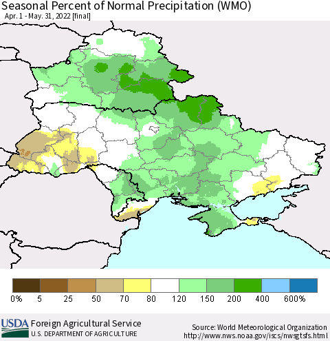 Ukraine, Moldova and Belarus Seasonal Percent of Normal Precipitation (WMO) Thematic Map For 4/1/2022 - 5/31/2022