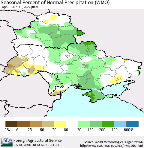 Ukraine, Moldova and Belarus Seasonal Percent of Normal Precipitation (WMO) Thematic Map For 4/1/2022 - 6/10/2022