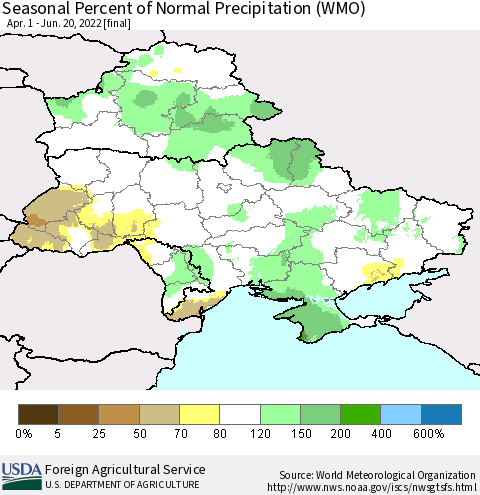 Ukraine, Moldova and Belarus Seasonal Percent of Normal Precipitation (WMO) Thematic Map For 4/1/2022 - 6/20/2022