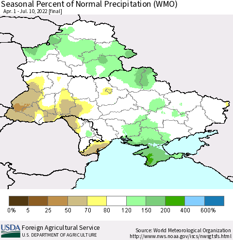 Ukraine, Moldova and Belarus Seasonal Percent of Normal Precipitation (WMO) Thematic Map For 4/1/2022 - 7/10/2022