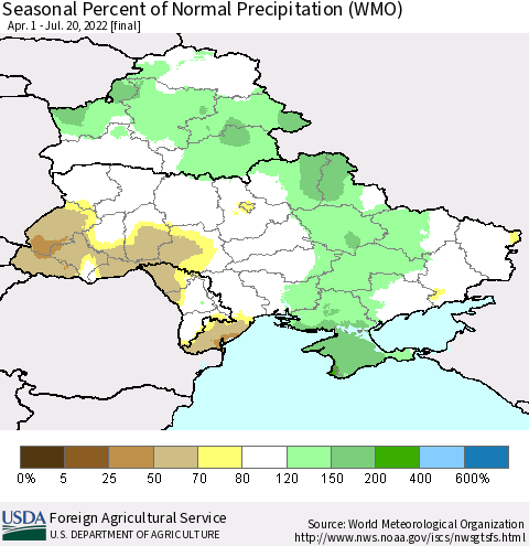 Ukraine, Moldova and Belarus Seasonal Percent of Normal Precipitation (WMO) Thematic Map For 4/1/2022 - 7/20/2022