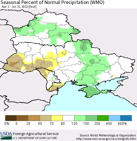 Ukraine, Moldova and Belarus Seasonal Percent of Normal Precipitation (WMO) Thematic Map For 4/1/2022 - 7/31/2022