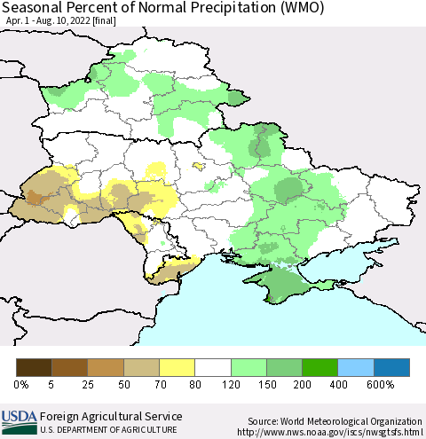 Ukraine, Moldova and Belarus Seasonal Percent of Normal Precipitation (WMO) Thematic Map For 4/1/2022 - 8/10/2022