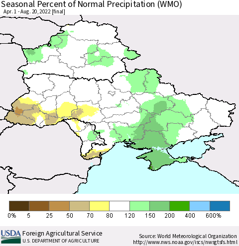 Ukraine, Moldova and Belarus Seasonal Percent of Normal Precipitation (WMO) Thematic Map For 4/1/2022 - 8/20/2022