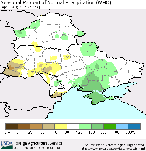Ukraine, Moldova and Belarus Seasonal Percent of Normal Precipitation (WMO) Thematic Map For 4/1/2022 - 8/31/2022